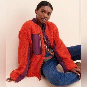Free People orange- purple fleece bomber jacket, size:S , good condition